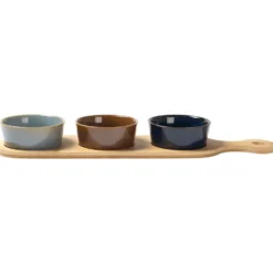 Antipastiera con 3 Ciotole in Ceramica e Base in Bamboo Linea Reactive 43x11 cm