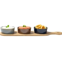 Antipastiera con 3 Ciotole in Ceramica e Base in Bamboo Linea Reactive 43x11 cm