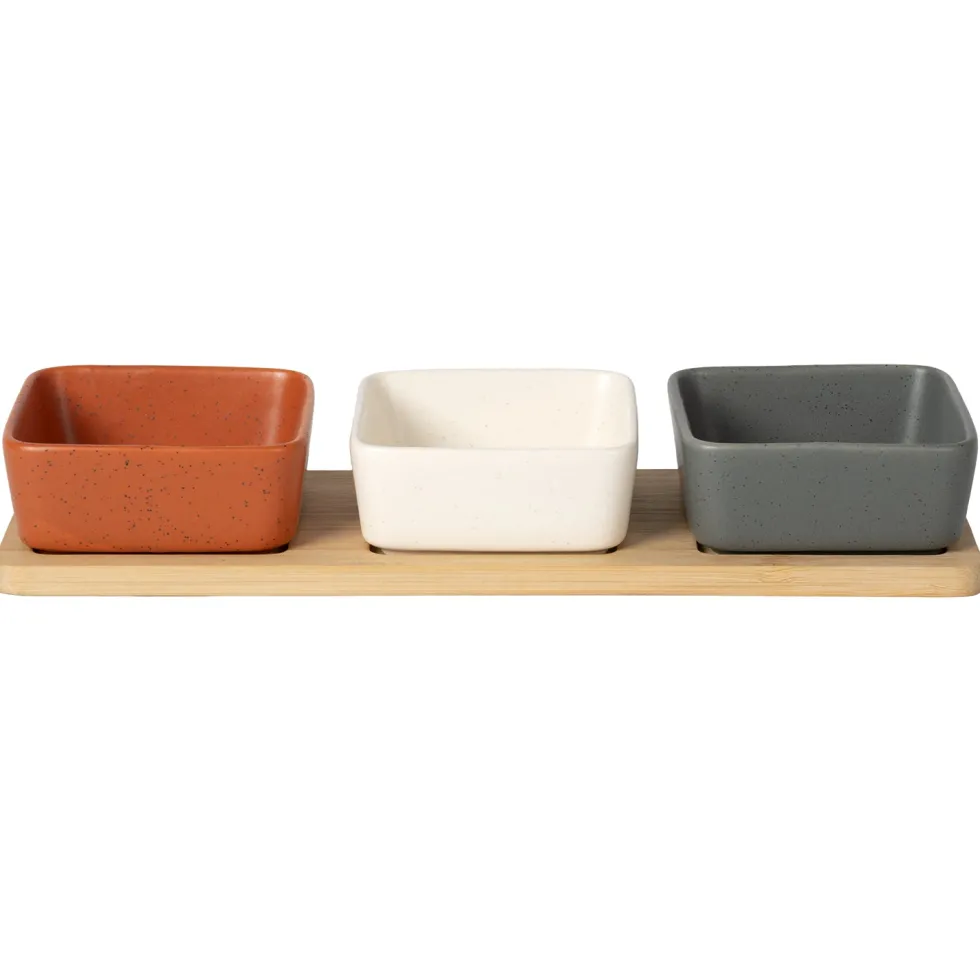 Antipastiera con 3 Ciotole in Ceramica e Base in Bamboo Linea Terranostra 28,5x9,5 cm