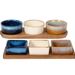Antipastiera con 3 Ciotole in Ceramica Reactive e Base in Acacia 25x9,5 cm