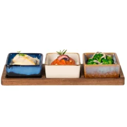 Antipastiera con 3 Ciotole in Ceramica Reactive e Base in Acacia 25x9,5 cm