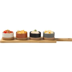 Antipastiera con 4 Ciotole in Ceramica e Base in Bamboo Linea Terranostra 40x9,5 cm