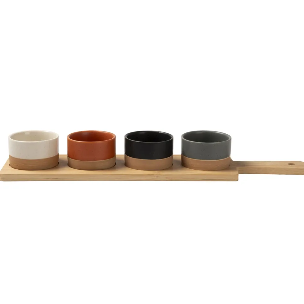 Antipastiera con 4 Ciotole in Ceramica e Base in Bamboo Linea Terranostra 40x9,5 cm