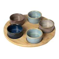 Antipastiera con 5 Ciotole in Ceramica e Base in Bamboo Linea Reactive diametro 24,5 cm