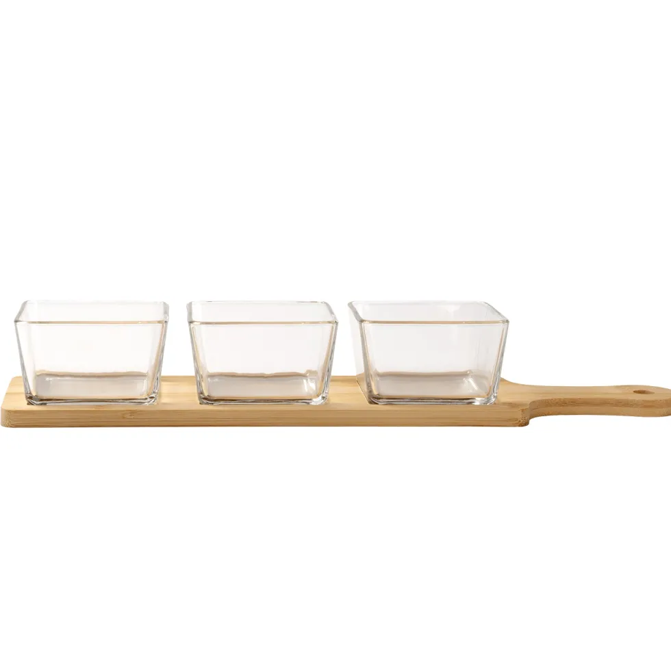 Antipastiera con 3 Ciotole in Vetro e Base in Bamboo Linea Azulejos 40x10 cm