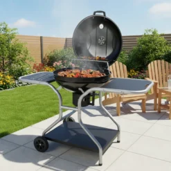 Barbecue a Carbone con Coperchio Smaltato e Griglie in Acciaio Cromato