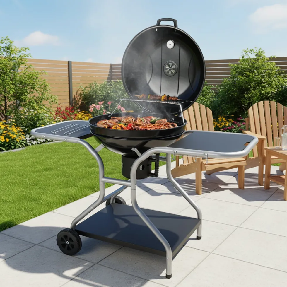Barbecue a Carbone con Coperchio Smaltato e Griglie in Acciaio Cromato