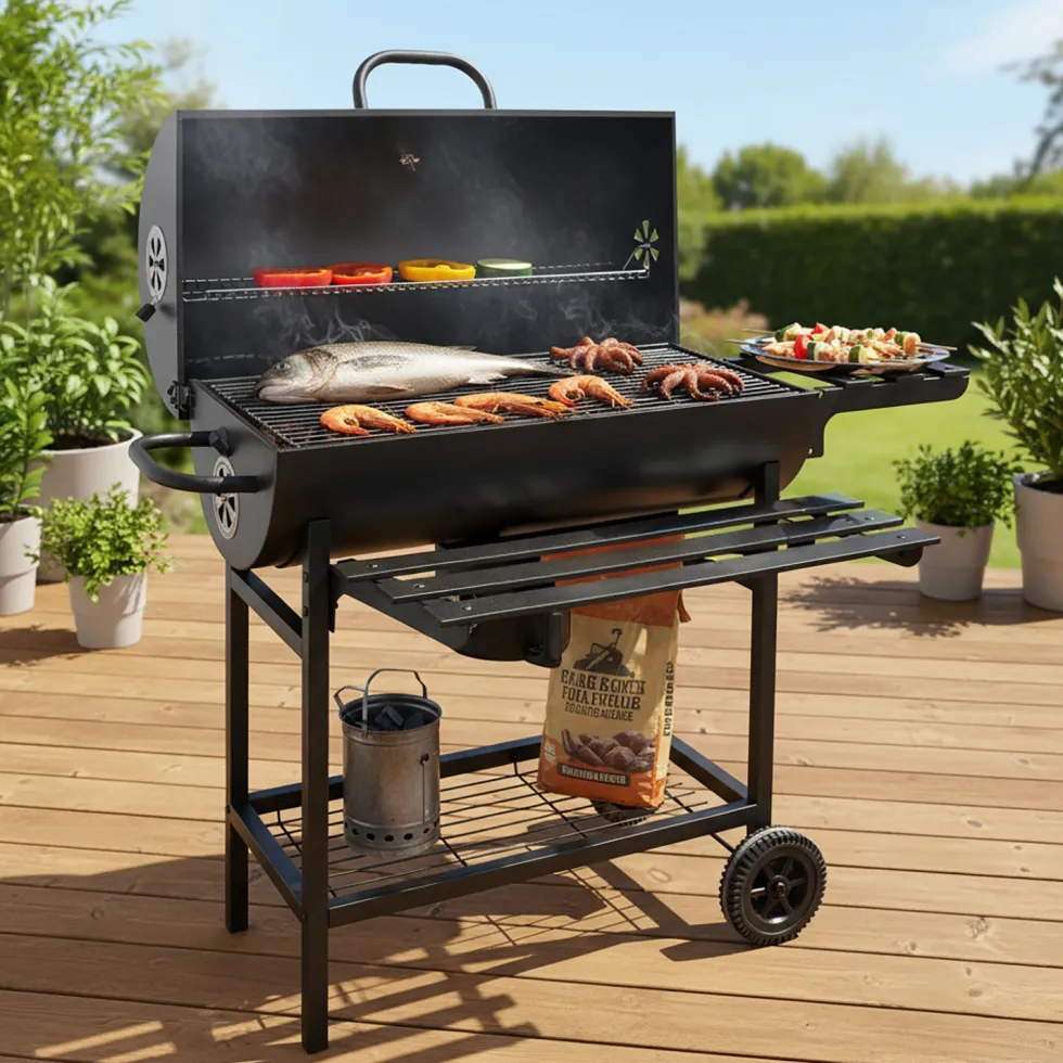Barbecue a Carbone con Griglie in Acciaio Inox e Coperchio con Ruote e Termometro