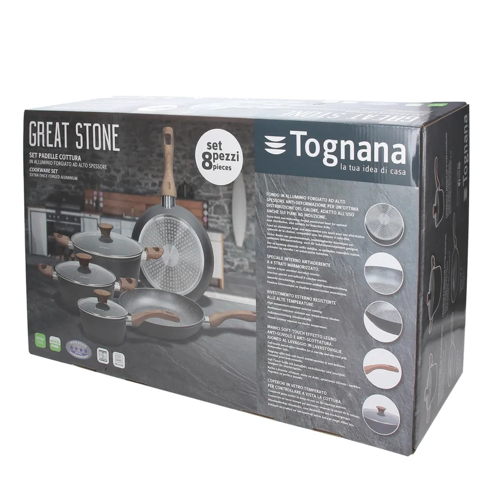Batteria Pentole e Padelle 8 Pezzi in Alluminio Grigio Linea Great Stone