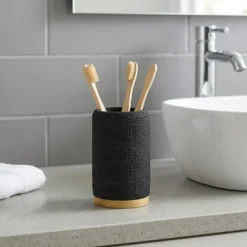 Bicchiere Porta Spazzolini in Poliresina Nero e Bamboo