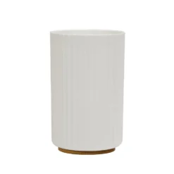Bicchiere Porta Spazzolini in Polipropilene Bianco Rigato e Bamboo