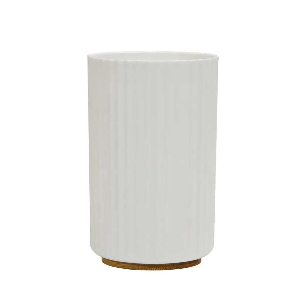 Bicchiere Porta Spazzolini in Polipropilene Bianco Rigato e Bamboo