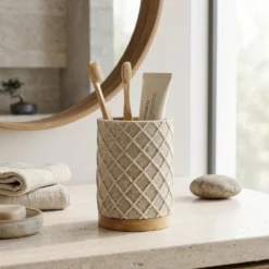 Bicchiere Porta Spazzolini in Poliresina Beige e Bamboo
