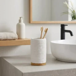 Bicchiere Porta Spazzolini in Poliresina Bianco e Bamboo