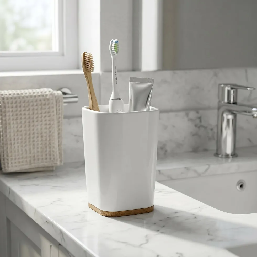 Bicchiere Porta Spazzolini in Polistirene Bianco e Bamboo