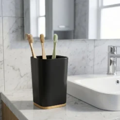 Bicchiere Porta Spazzolini in Polistirene Nero e Bamboo