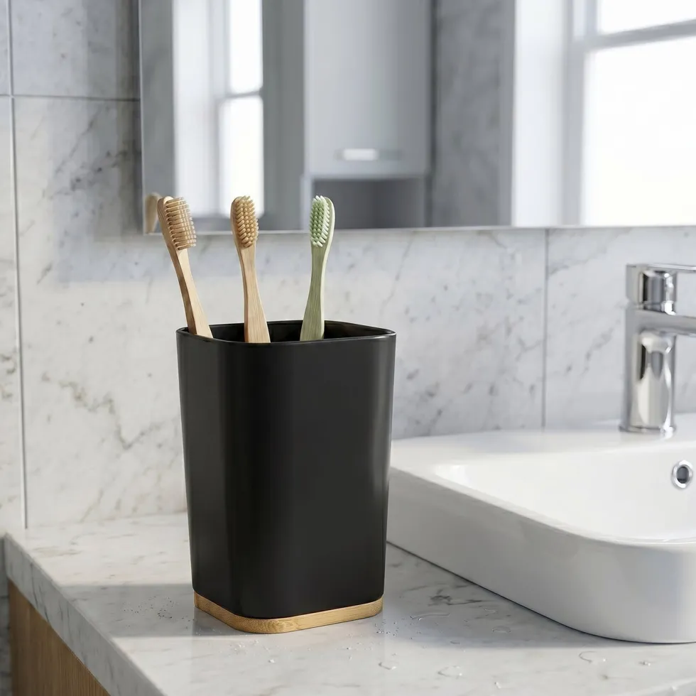 Bicchiere Porta Spazzolini in Polistirene Nero e Bamboo