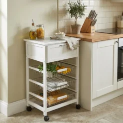 Carrello da Cucina Bianco con Cassetto e 3 Cestelli Estraibili