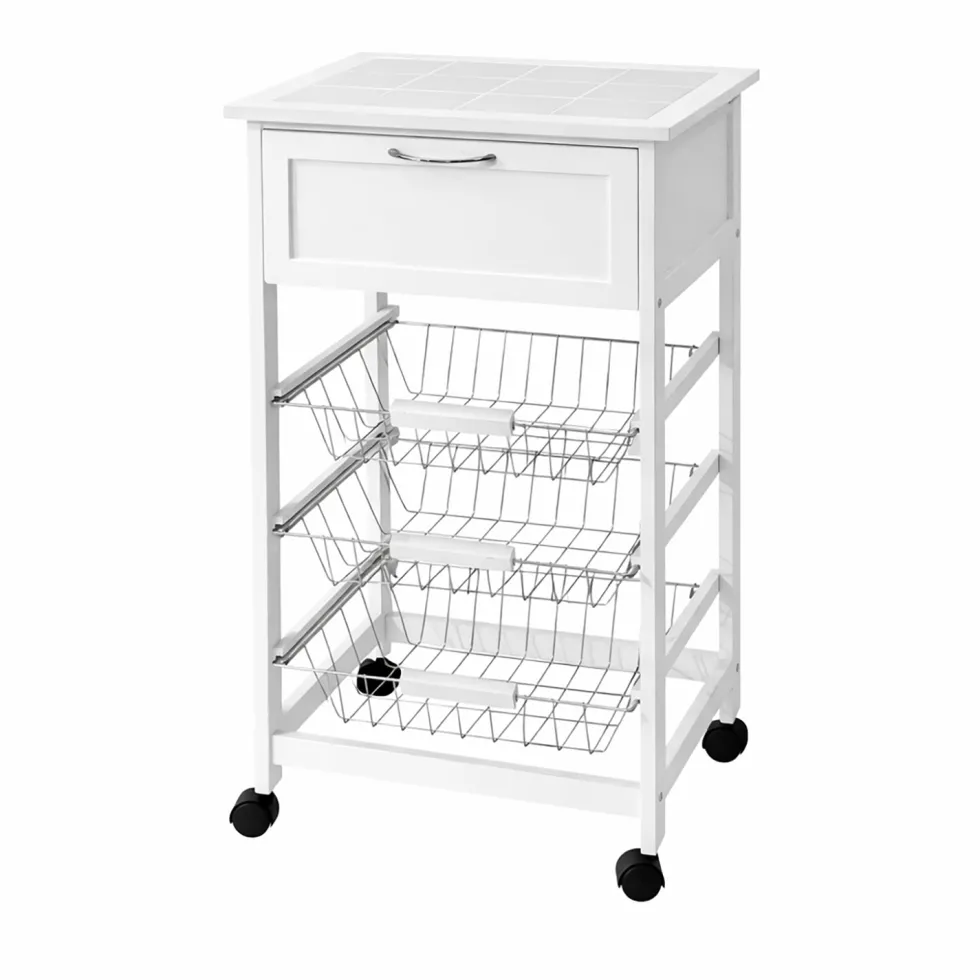 Carrello da Cucina Bianco con Cassetto e 3 Cestelli Estraibili