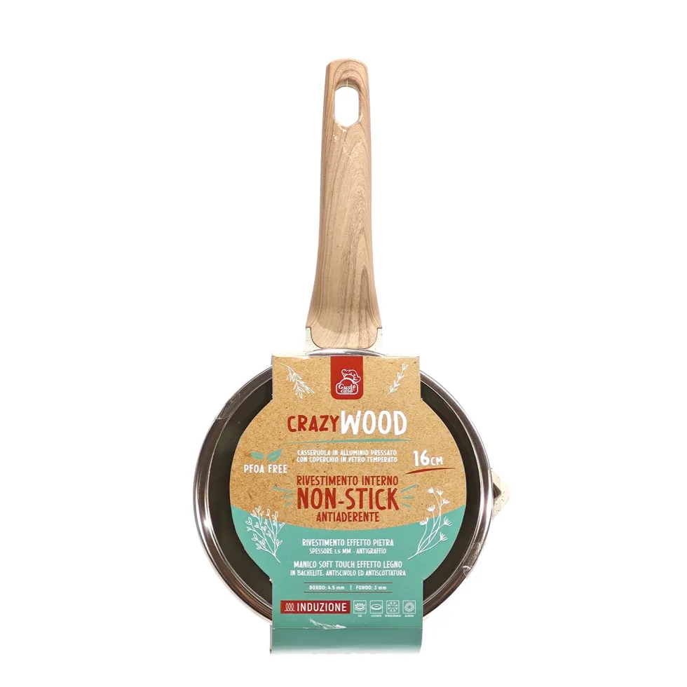 Casseruola Antiaderente in alluminio pressato con Coperchio in Vetro Crazy Wood diametro 16 cm