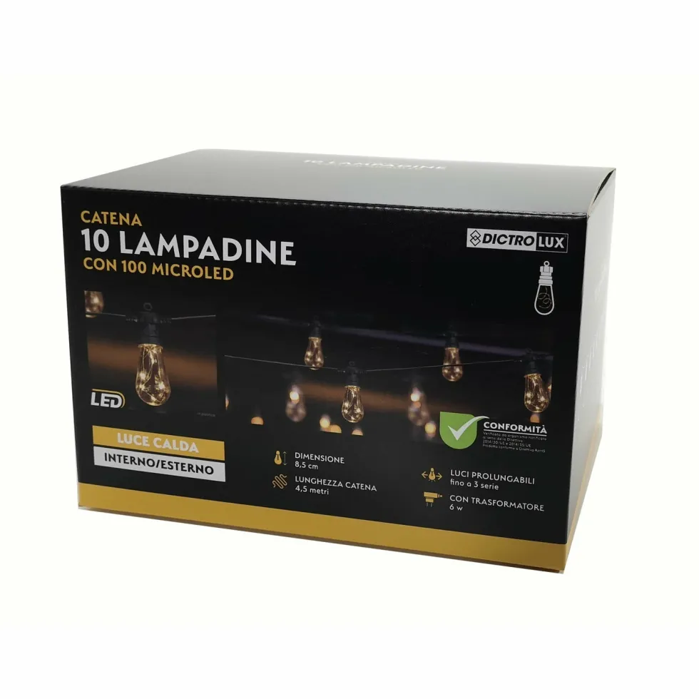 Catena Luminosa 10 lampadine con 100 microled da esterno 4,5 metri