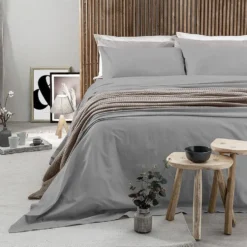 Completo Letto Matrimoniale in Cotone Tinta Unita Grigio Chiaro 4 Pezzi