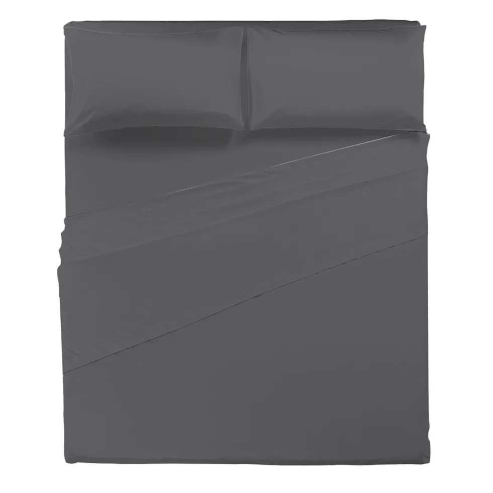 Completo Letto Matrimoniale in Cotone Tinta Unita Grigio Scuro 4 Pezzi