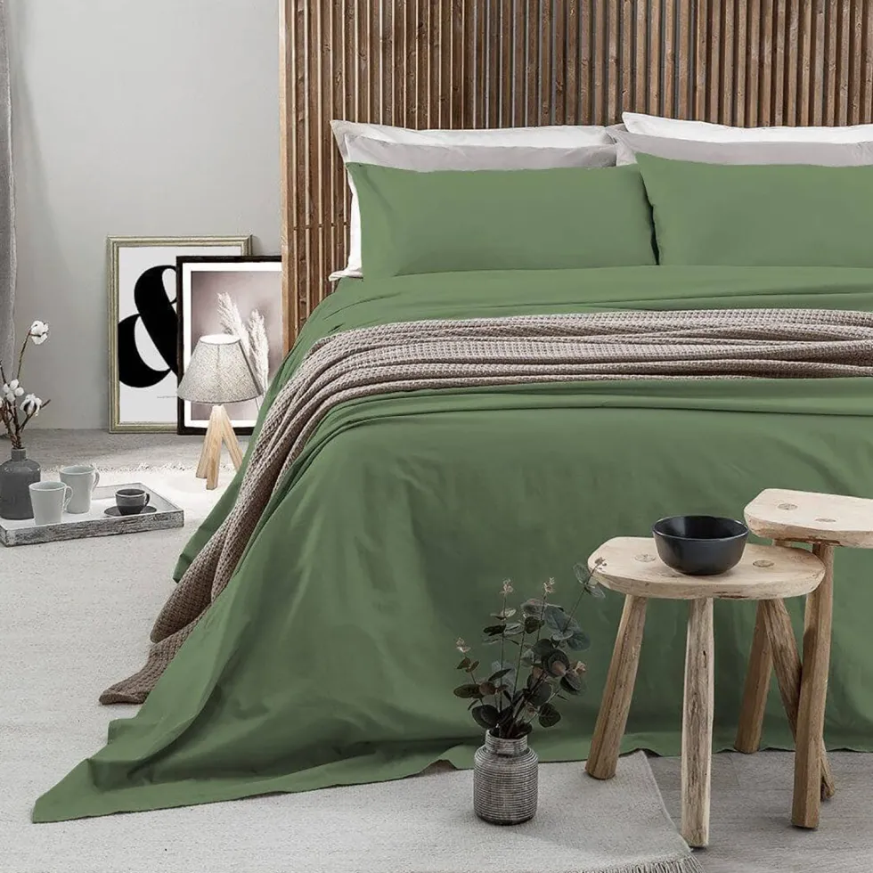 Completo Letto Matrimoniale in Cotone Tinta Unita Verde