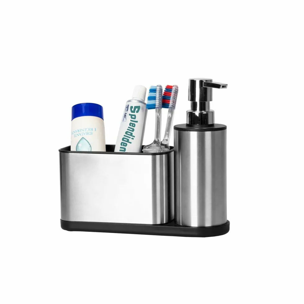 Dispenser Sapone con portaoggetti in acciaio 2 scomparti