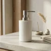 Dispenser Sapone in Polipropilene Bianco Rigato e Bamboo