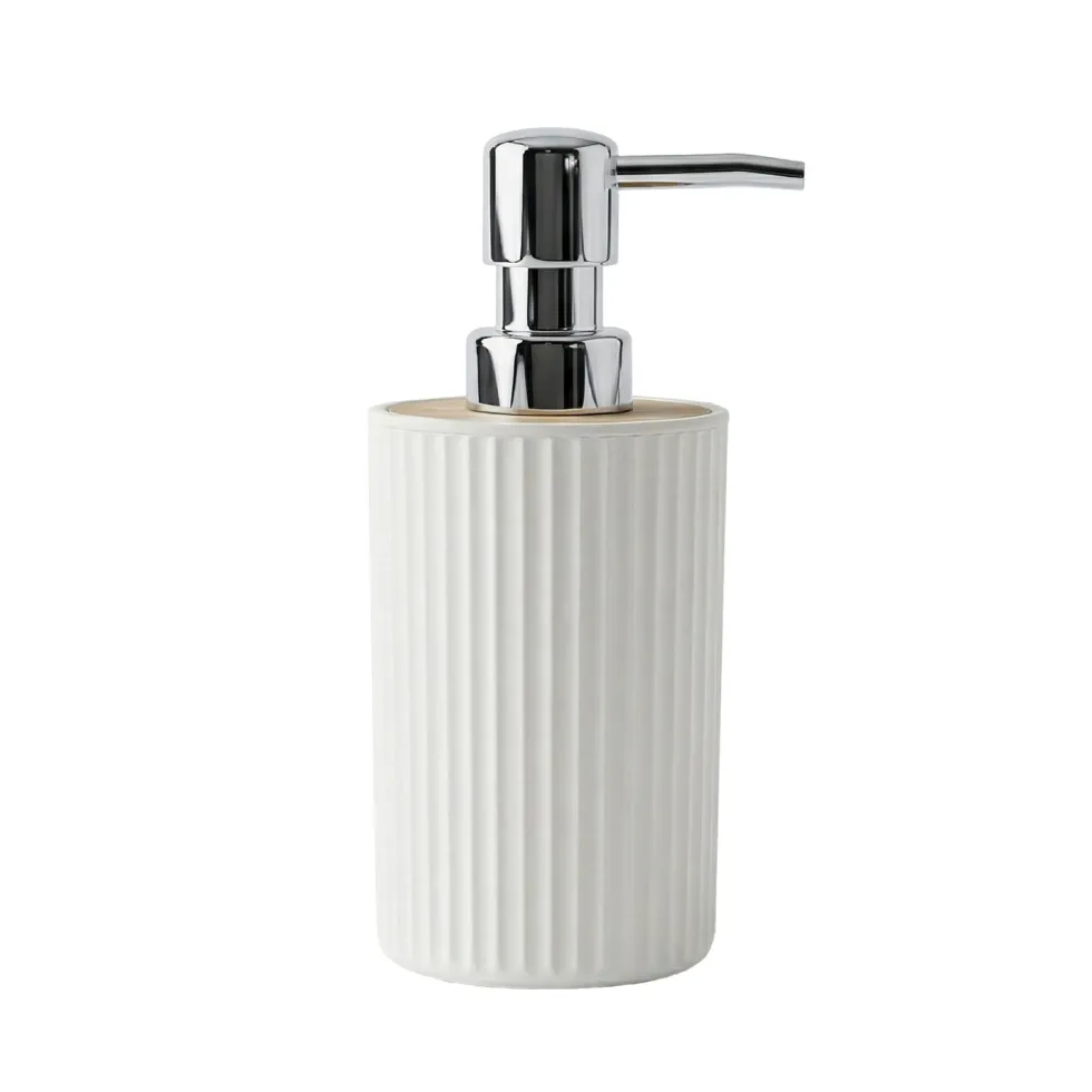 Dispenser Sapone in Polipropilene Bianco Rigato e Bamboo