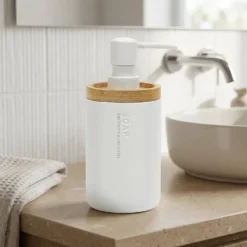 Dispenser Sapone in Poliresina Bianco e Bamboo 280 ml