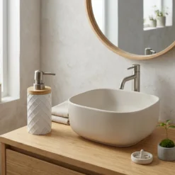 Dispenser Sapone in Poliresina in Poliresina Bianco e Bamboo 220 ml