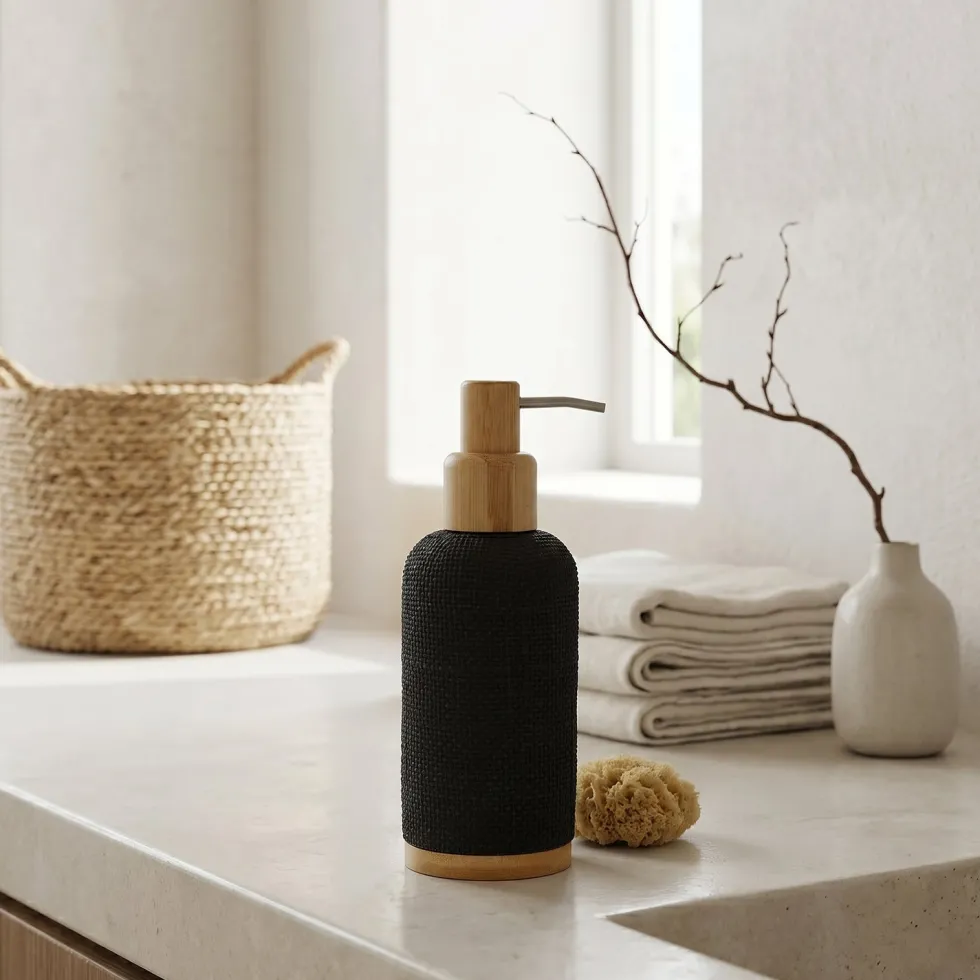 Dispenser Sapone in Poliresina Nero e Bamboo 280 ml