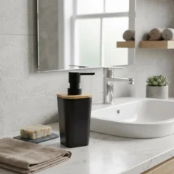 Dispenser Sapone in Polistirene Nero e Bamboo 350 ml