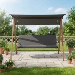 Dondolo da giardino struttura in Acciaio Effetto Legno e seduta in textilene grigio