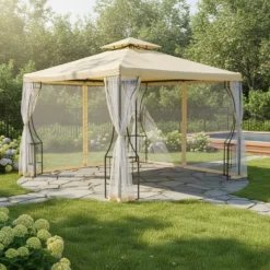 Gazebo da giardino in Acciaio Antracite con Telo in Poliestere Écru e Zanzariera 3x3 metri