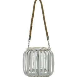 Lanterna portacandela con cestino in bamboo Bianco h14x14 cm