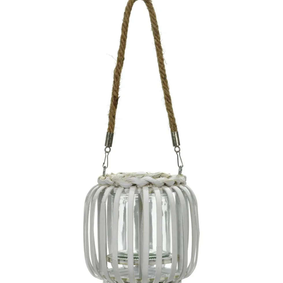 Lanterna portacandela con cestino in bamboo Bianco h14x14 cm