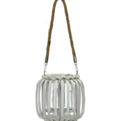 Lanterna portacandela con cestino in bamboo Bianco h14x14 cm