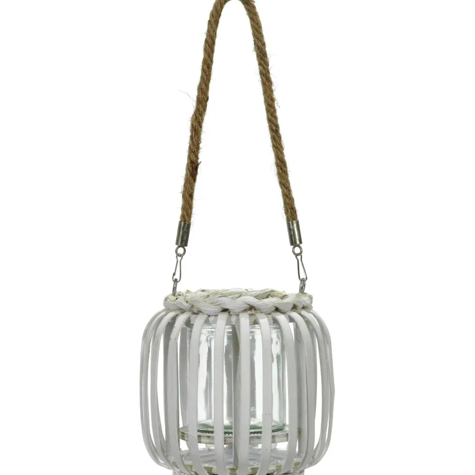 Lanterna portacandela con cestino in bamboo Bianco h14x14 cm