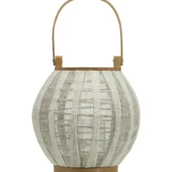 Lanterna portacandela con cestino in bamboo e tessuto di lino Bianco