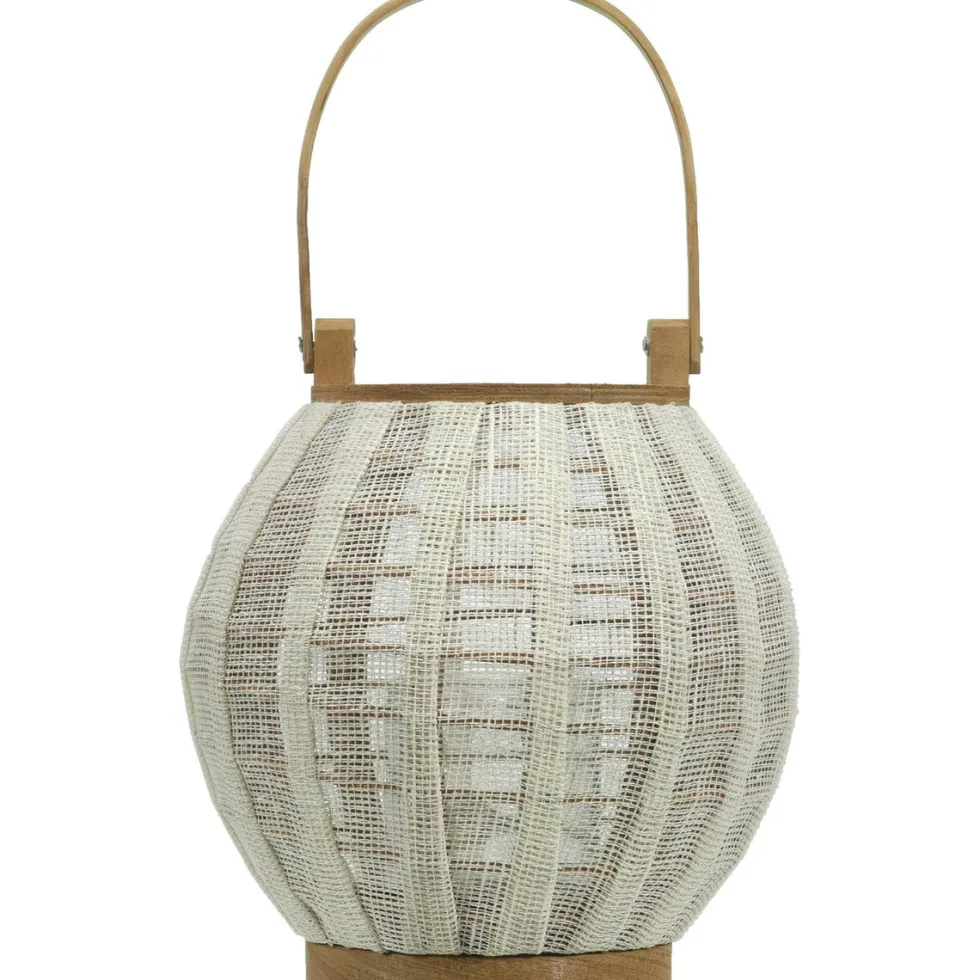 Lanterna portacandela con cestino in bamboo e tessuto di lino Bianco