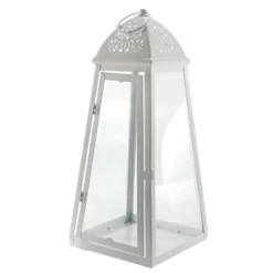 Lanterna Portacandela in Vetro e Metallo Bianca h41 cm