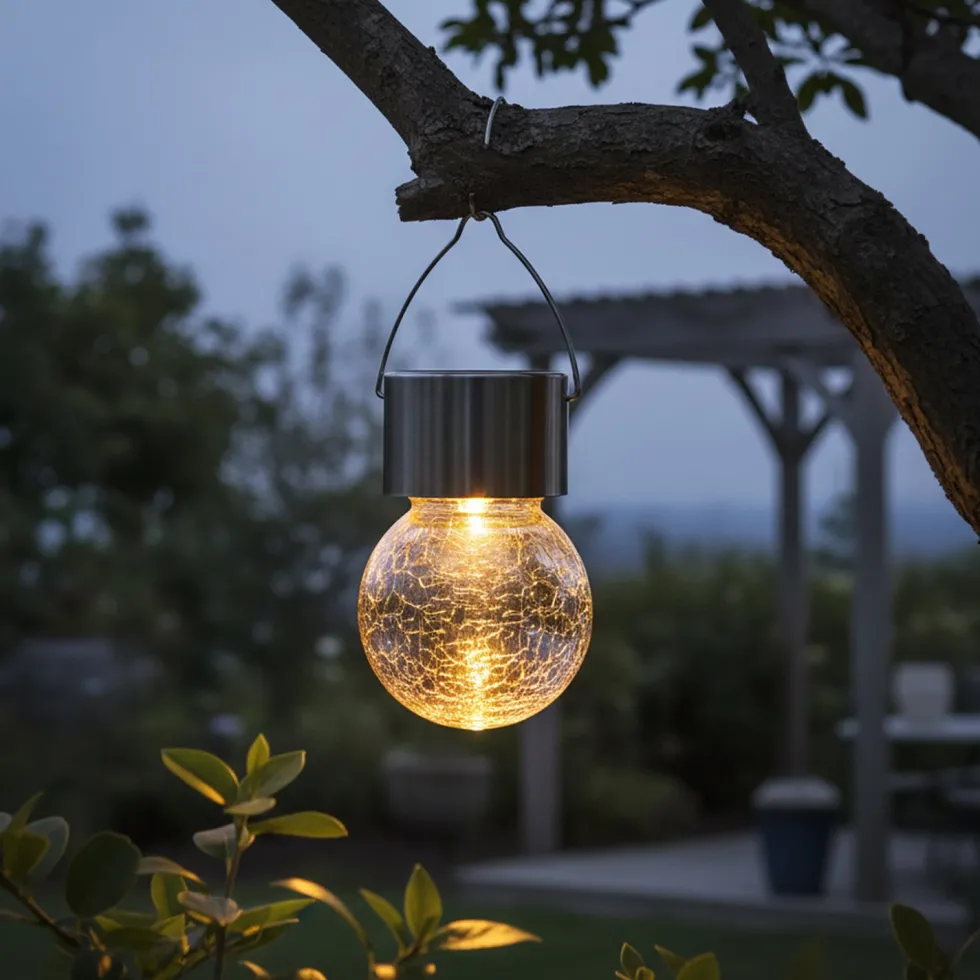 Lanterna Solare LED da giardino in Vetro e Acciaio Inox Luce Calda diametro 6 cm