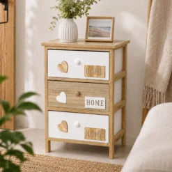 Mobiletto multiuso 3 cassetti Legno Naturale e Bianco decorati Home Linea Woodhandy