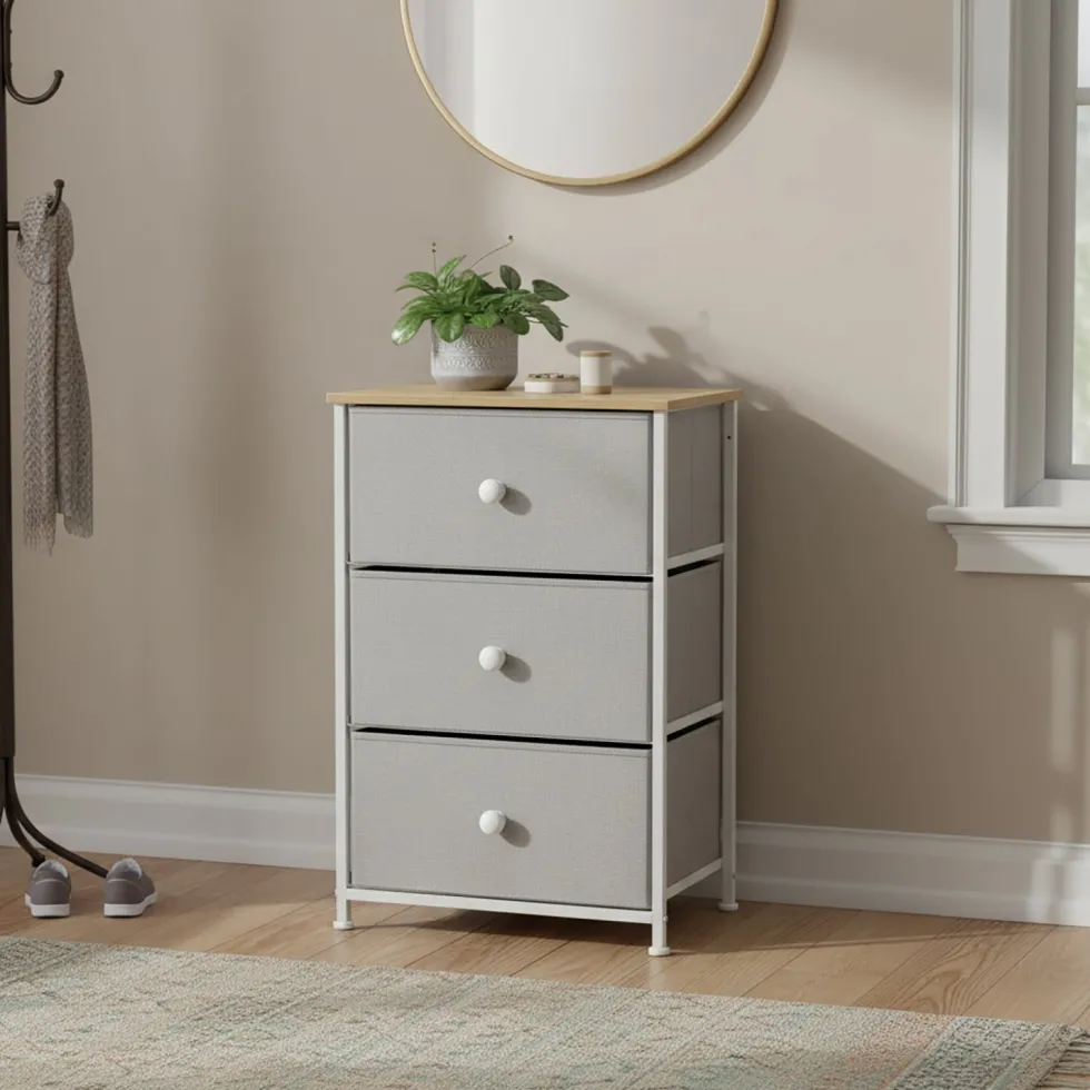 Mobiletto Multiuso 3 cassetti Legno Naturale e TNT Grigio Linea Woodhandy