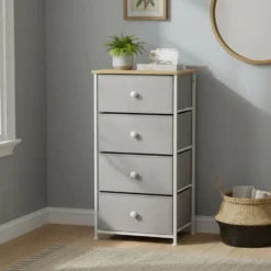 Mobiletto Multiuso 4 cassetti Legno Naturale e TNT Grigio Linea Woodhandy