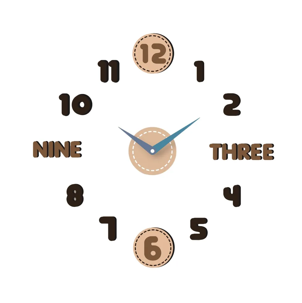 Orologio da Parete Adesivo Brown Effetto Legno Fai da Te 60x60 cm