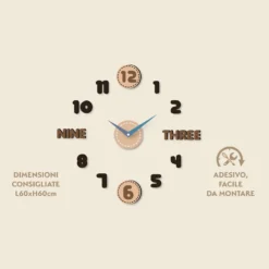 Orologio da Parete Adesivo Brown Effetto Legno Fai da Te 60x60 cm